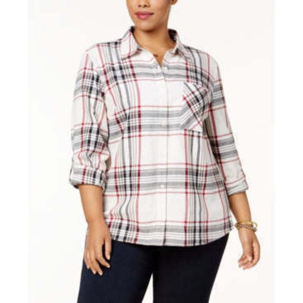 Style & Co Women's Plus Size Plaid Shirt, White, XL